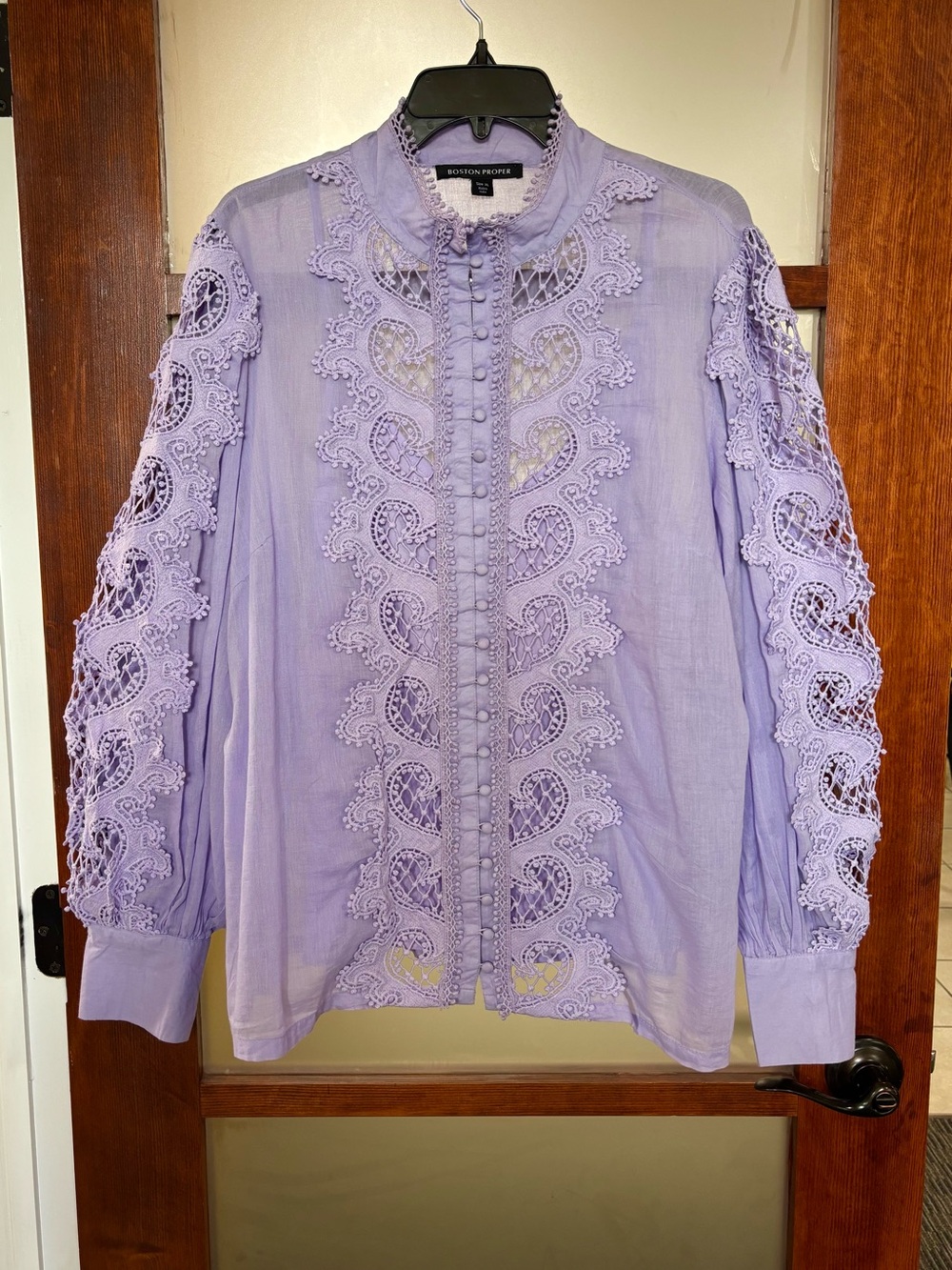 Boston Proper Lavender Lace-Trim Button Front Blouse